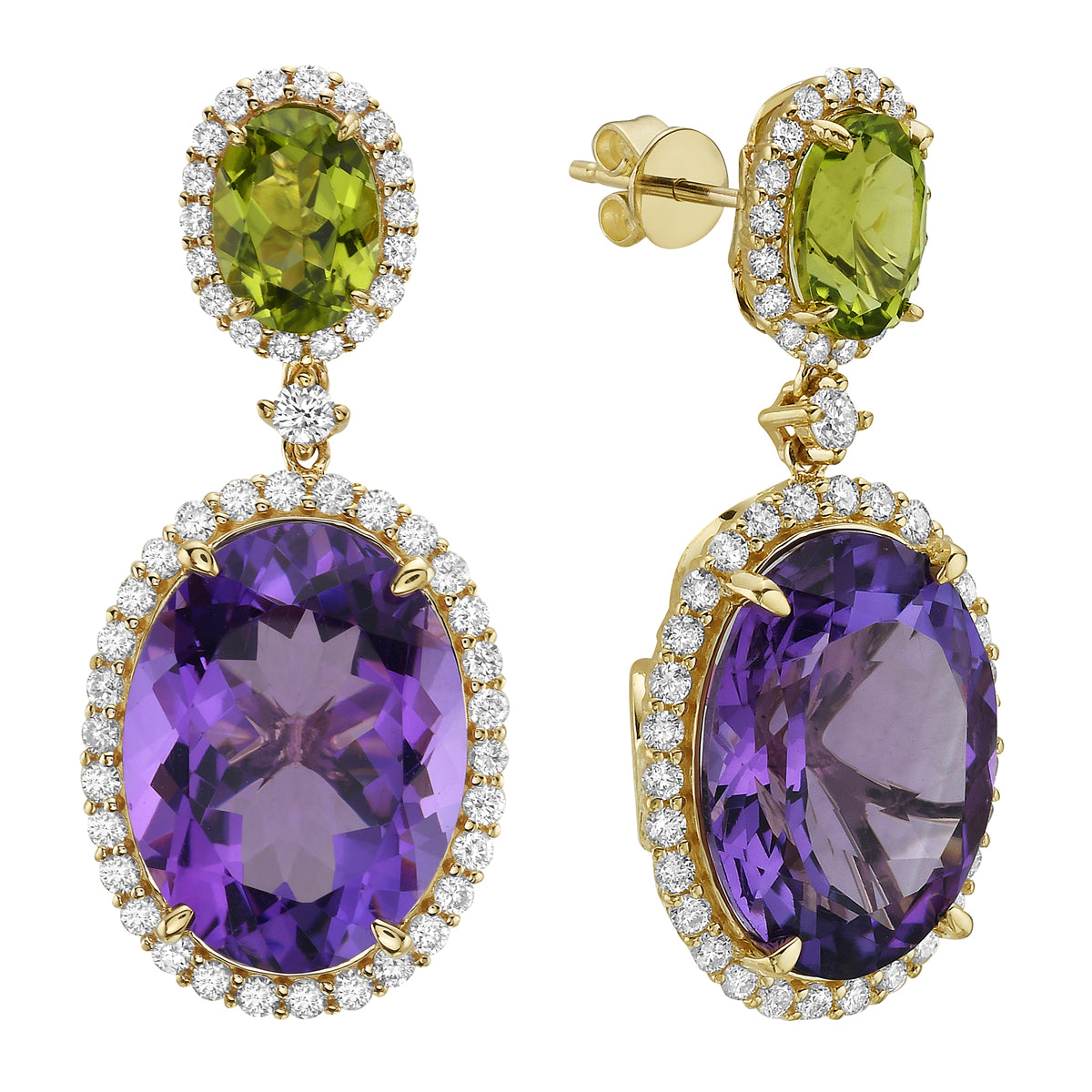 14K Yellow Gold Amethyst Peridot Earrings, 18.67ct
