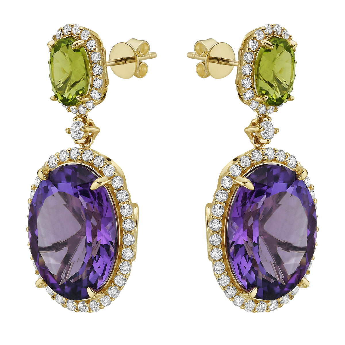 14K Yellow Gold Amethyst Peridot Earrings, 18.67ct