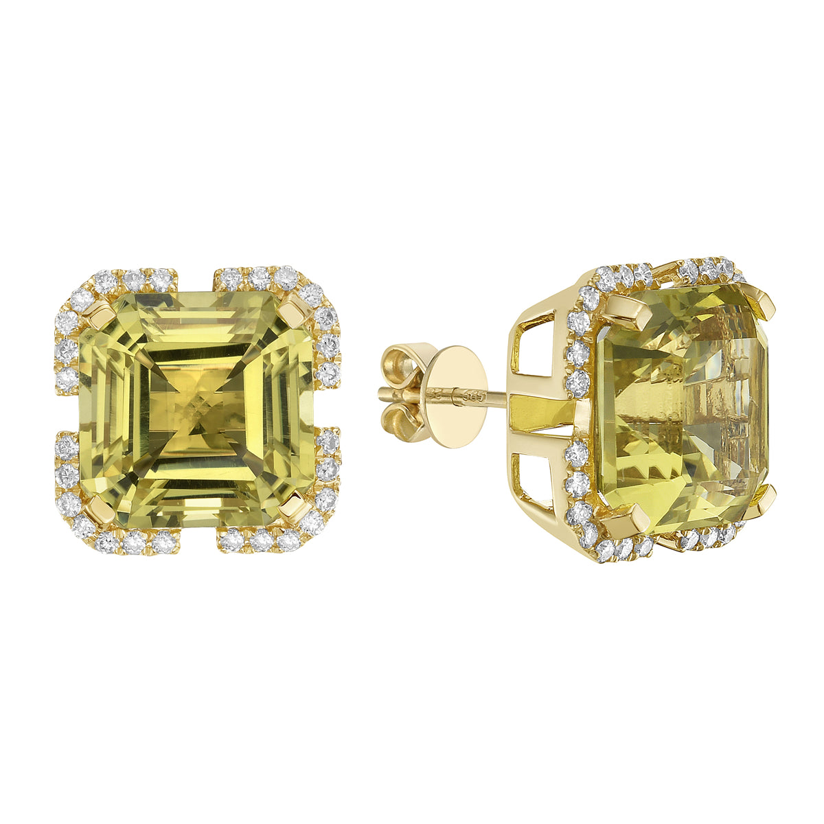 E090027Y-GGQ - Earrings 14KY/3.5G 2GGQ-9.21CT 56RD-0.30CT Gold Green Guartz