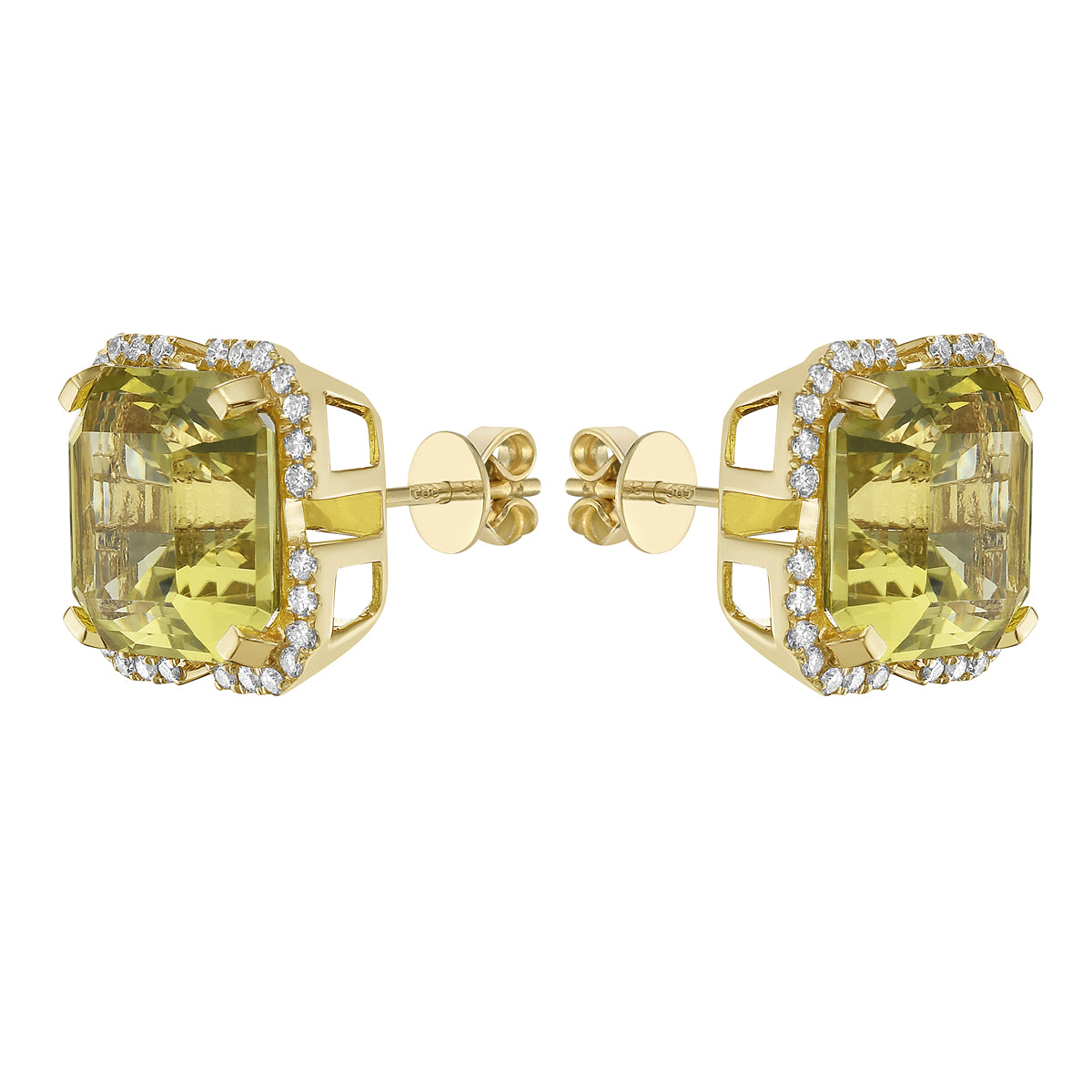 E090027Y-GGQ - Earrings 14KY/3.5G 2GGQ-9.21CT 56RD-0.30CT Gold Green Guartz