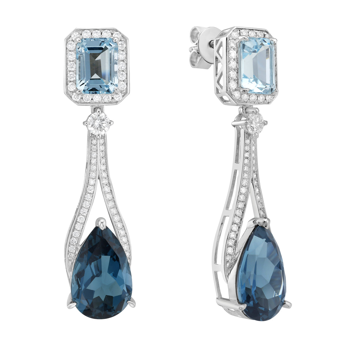 E090029-LB/SB - Earrings 14KW/6.4G 2SBT-3.99CT 2LBT-10.36CT 110RD-0.88CT SkyBlue/ London Topaz