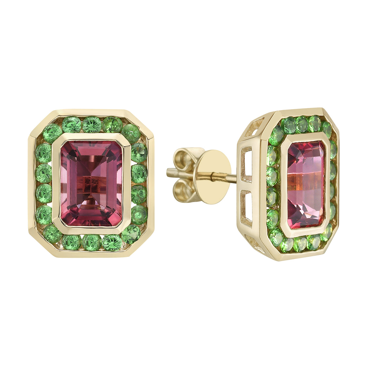 14K Yellow Gold Pink Tourmaline & Tsavorite Earrings, 2.63ct