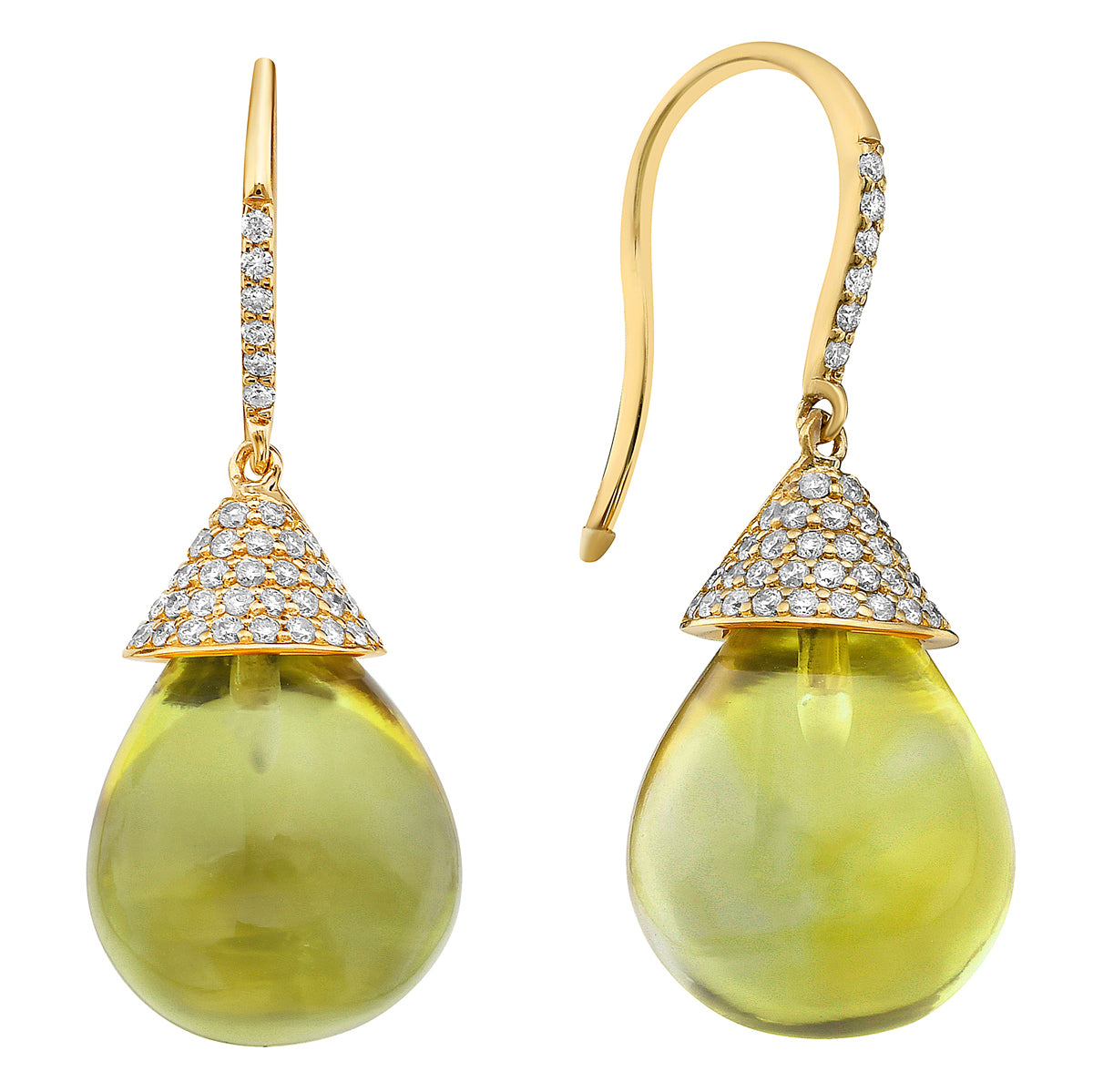 14K Yellow Gold Green Quartz Earrings, 35.5ct