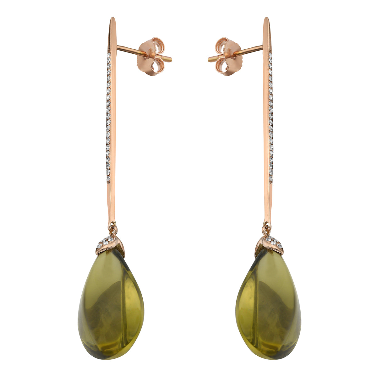18K Rose Gold Olive Quartz Earrings, 18.99ct