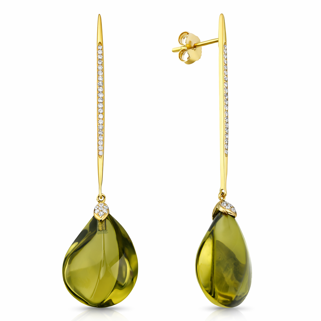 18K Yellow Gold Olive Quartz Earrings, 18.99ct
