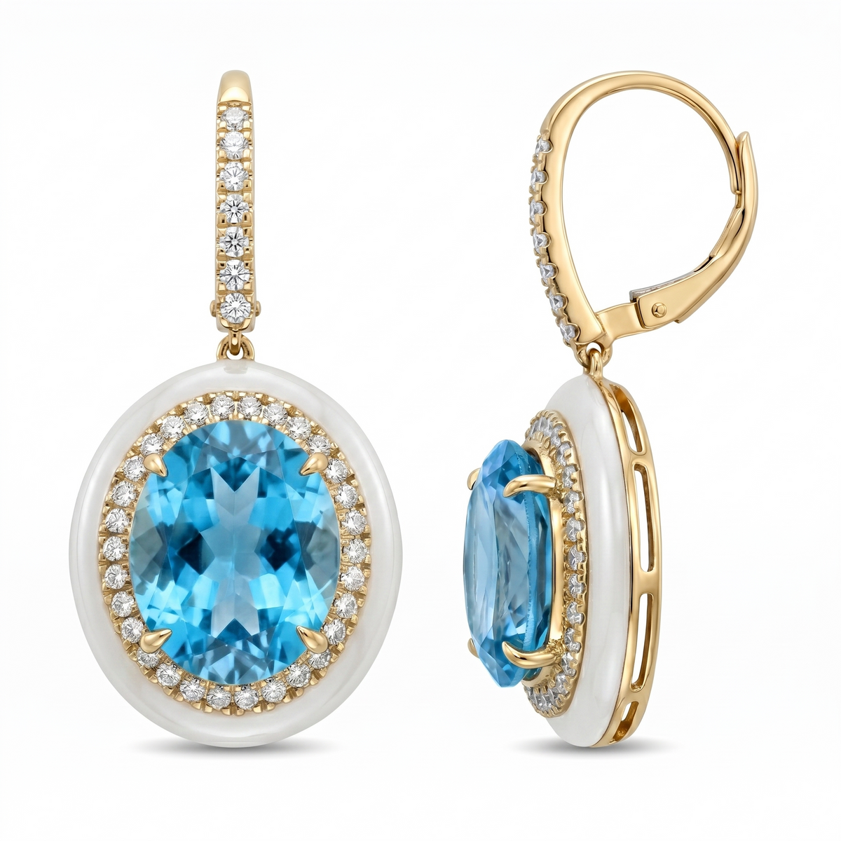 E090085Y-SWBT - Earrings 14KY/8.3G 2SWBT-11.11CT 74RD-0.62CT Swiss Blue Topaz