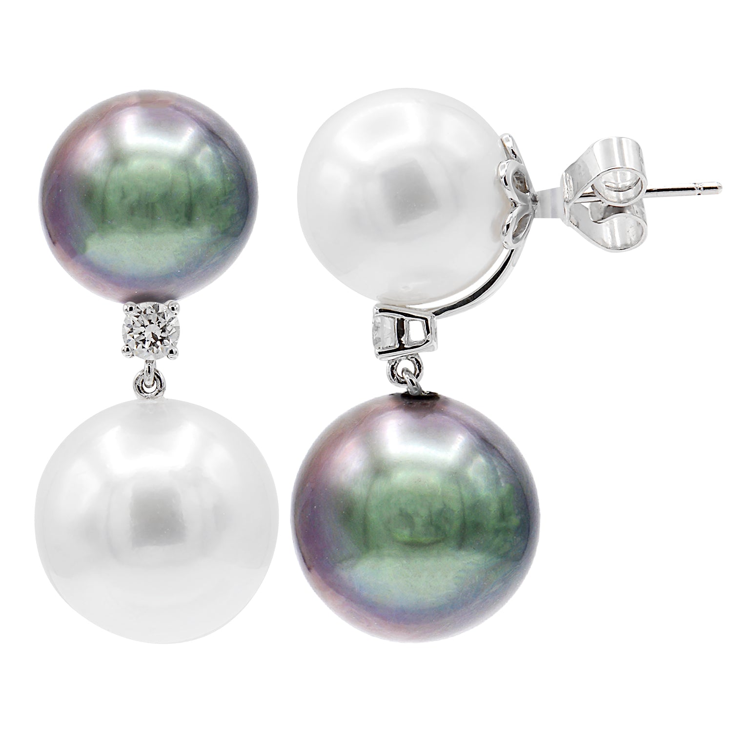 18K White Gold Tahitian Pearl Earrings, 11-14mm, 0.25ct
