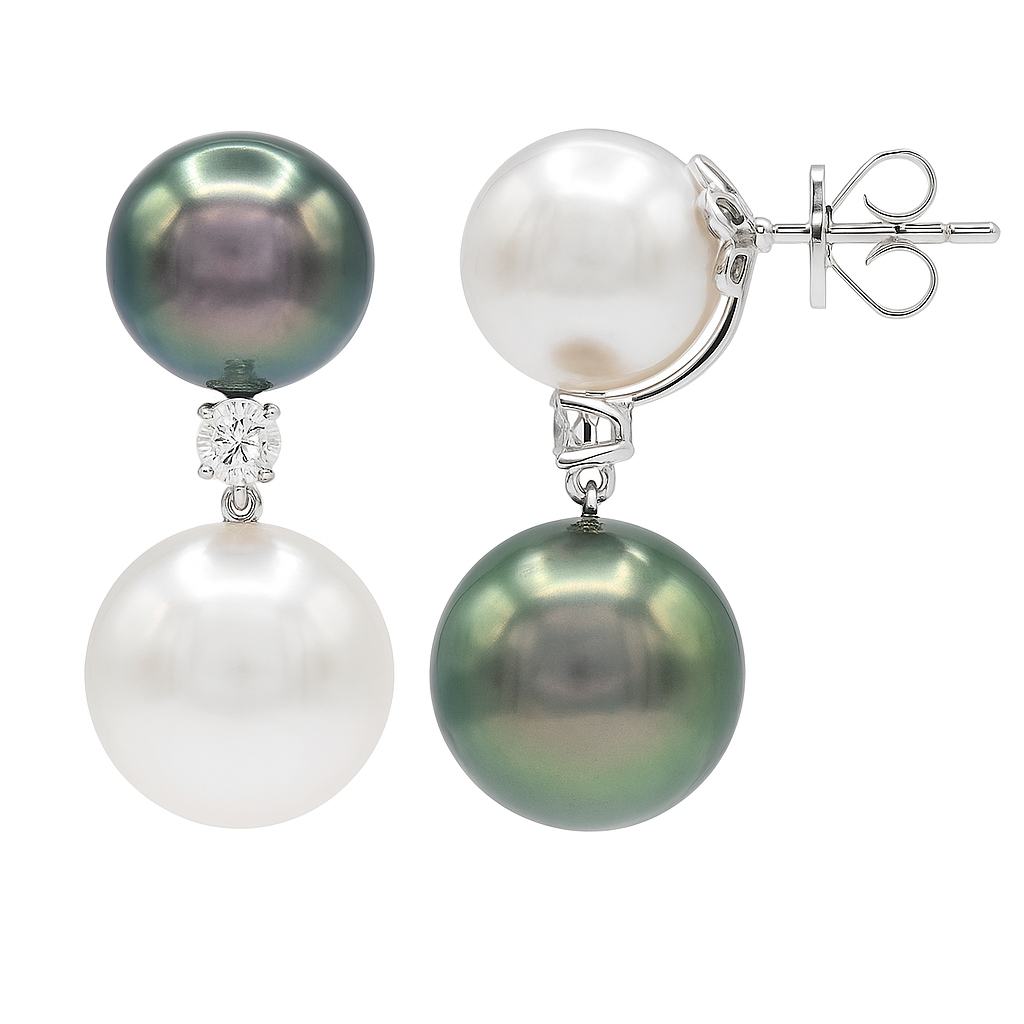 18K White Gold Tahitian Pearl Earrings, 11-14mm, 0.25ct
