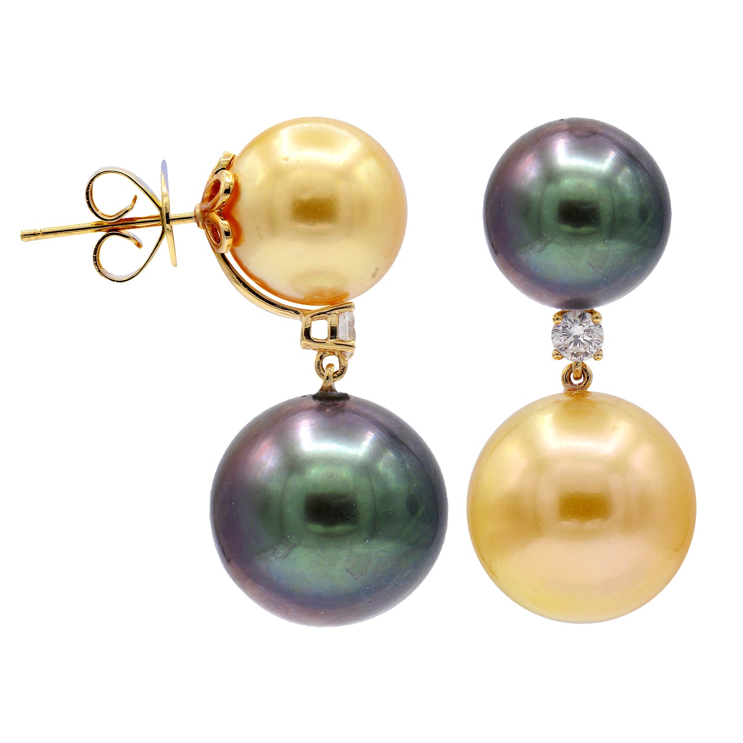 18K Yellow Gold Tahitian Pearl Earrings, 11-14mm, 0.26ct