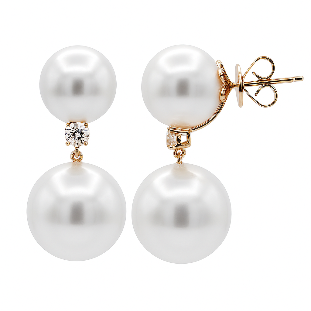 18K Rose Gold White South Sea Pearl Earrings, 11-14mm, 0.28ct