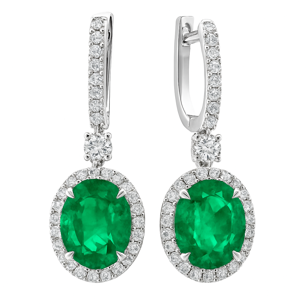 Handmade 18K White Gold Emerald Earrings, 7.02ct