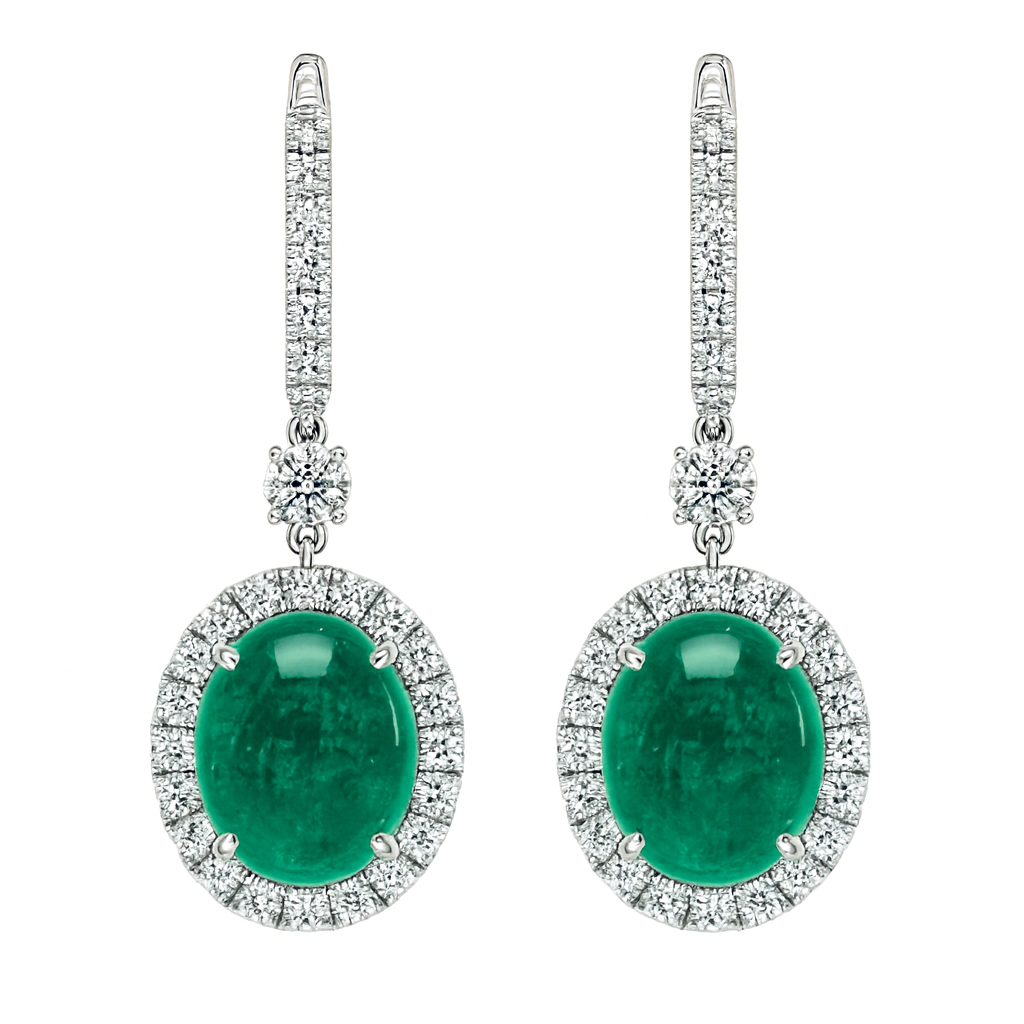 Handmade 18K White Gold Emerald Diamond Earrings, 8.3ct