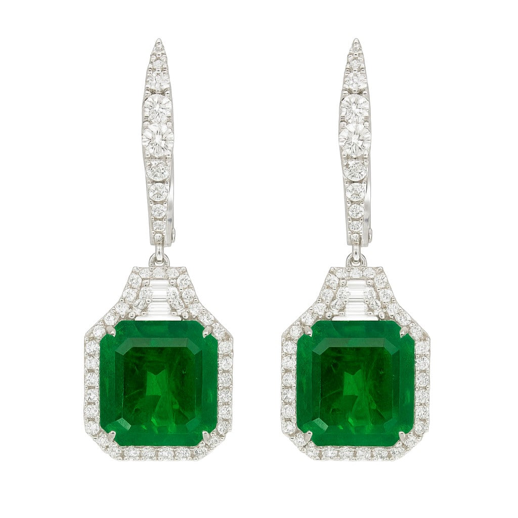 Handmade 18K White Gold Emerald Diamond Earrings, 18.16ct