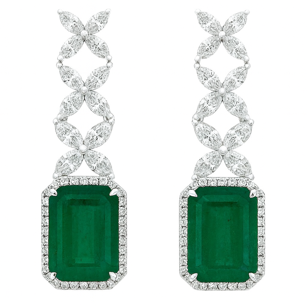 Handmade 18K White Gold Emerald Diamond Earrings, 29.04ct