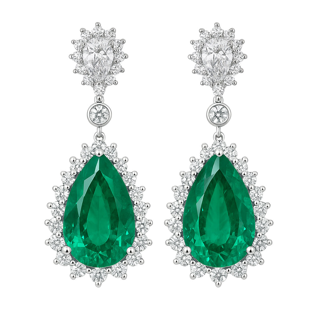 Handmade 18K White Gold Emerald Diamond Earrings, 5.77ct