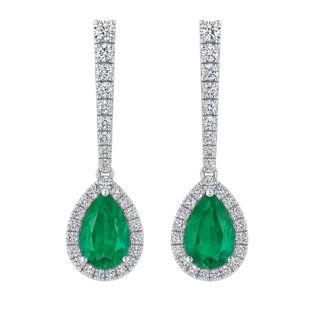 Handmade 18K White Gold Emerald Diamond Earrings, 4.13ct