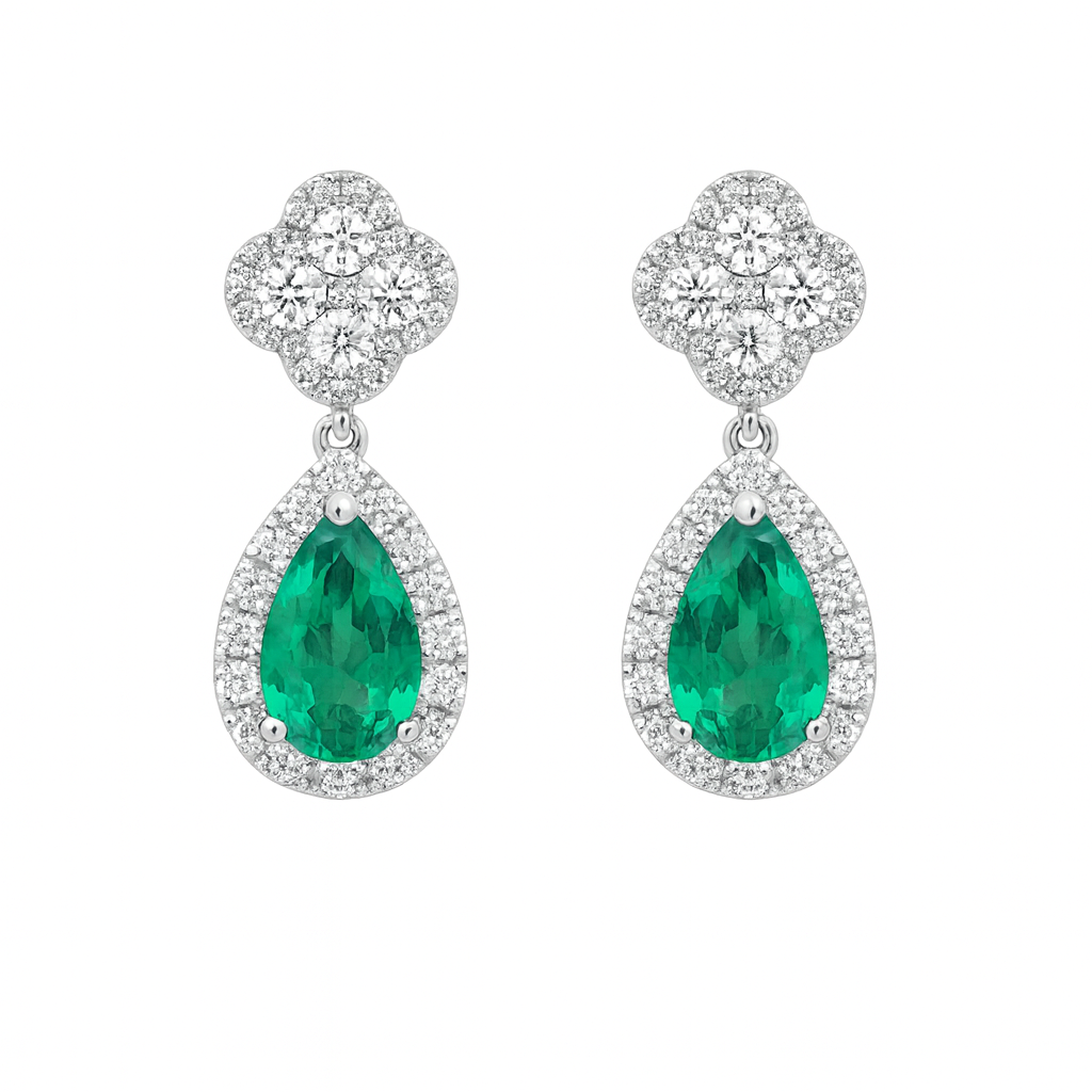 Handmade 18K White Gold Green Emerald Earrings, 2.96ct