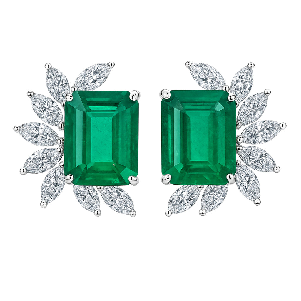 Handmade 18K White Gold Emerald Earrings, 6.69ct