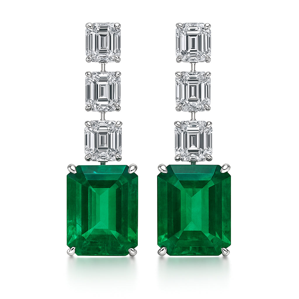 Handmade 18K White Gold Green Emerald Earrings, 12.8ct