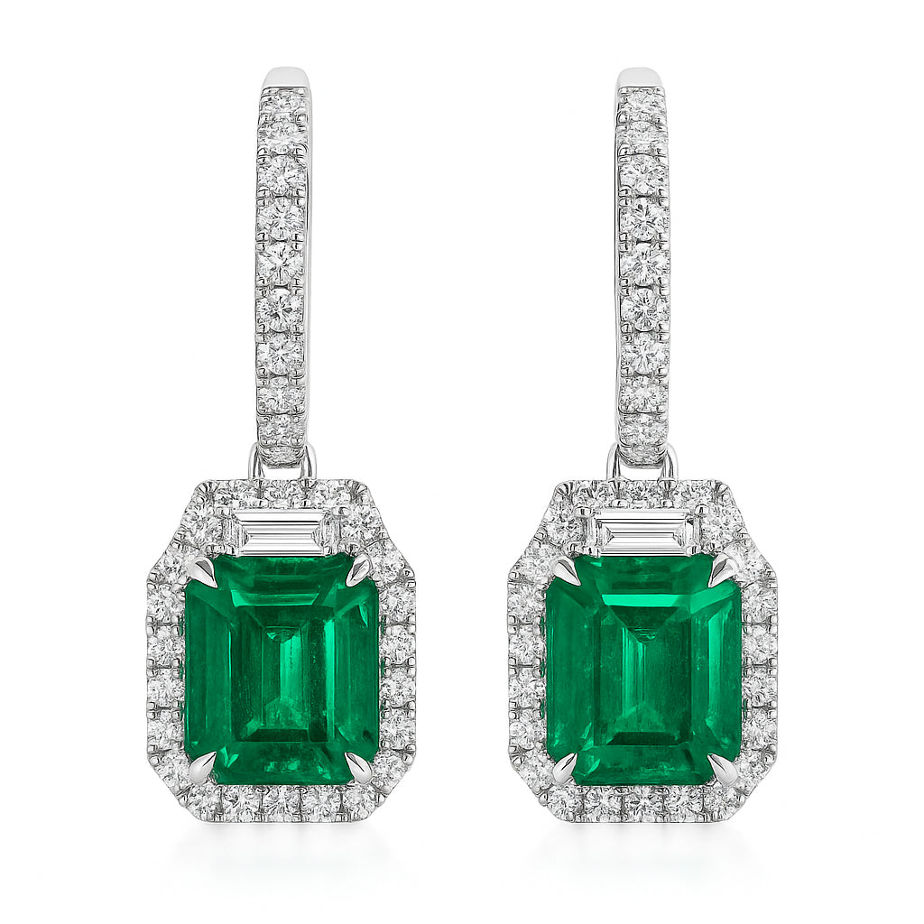 Handmade 18K White Gold Emerald Diamond Earrings, 3.52ct
