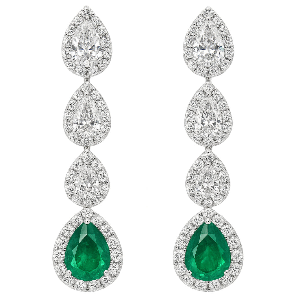 Handmade 18K White Gold Emerald and Diamond Earrings, 6-7mm, 2.61ct