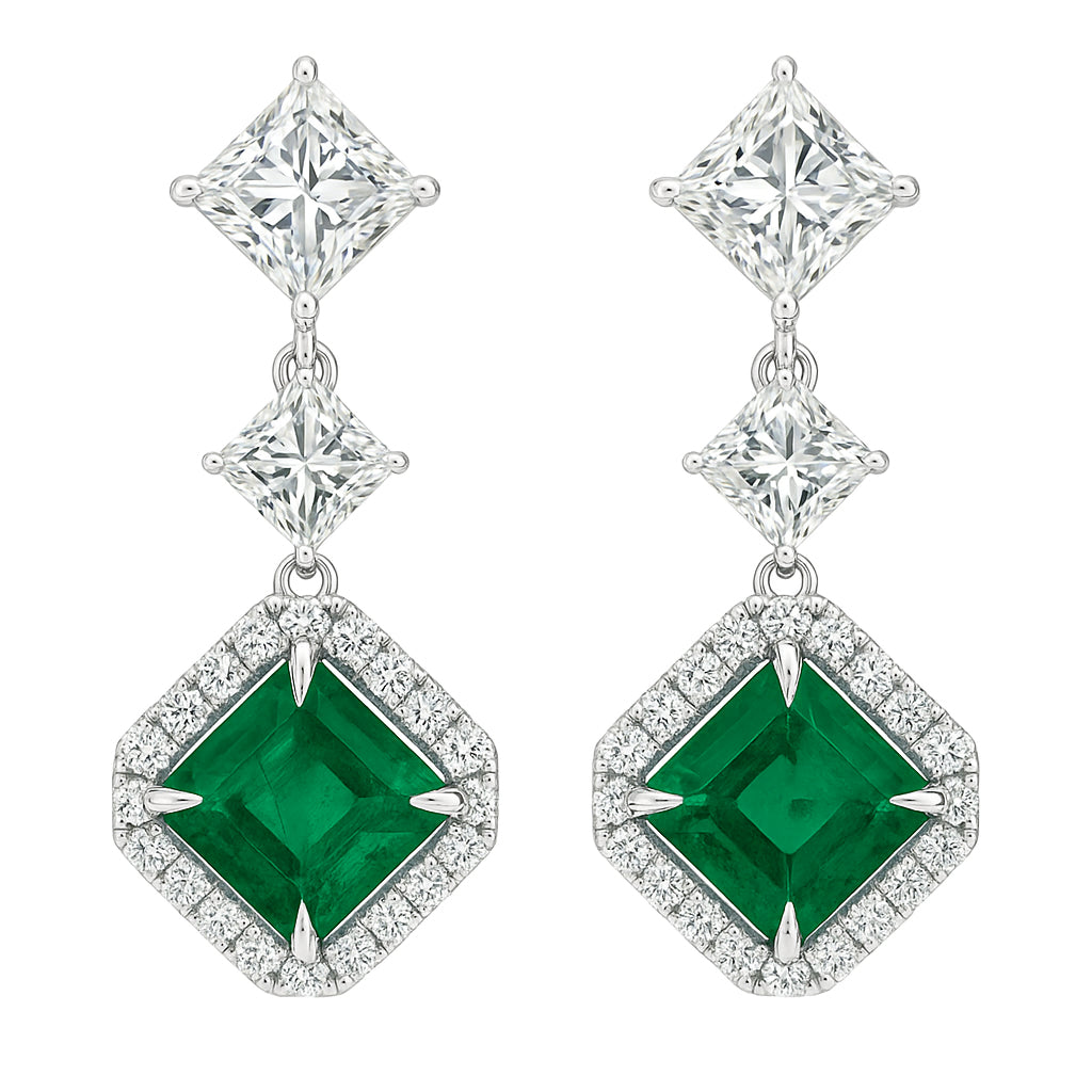 Handmade 18K White Gold Green Emerald Diamond Earrings, 3.35ct