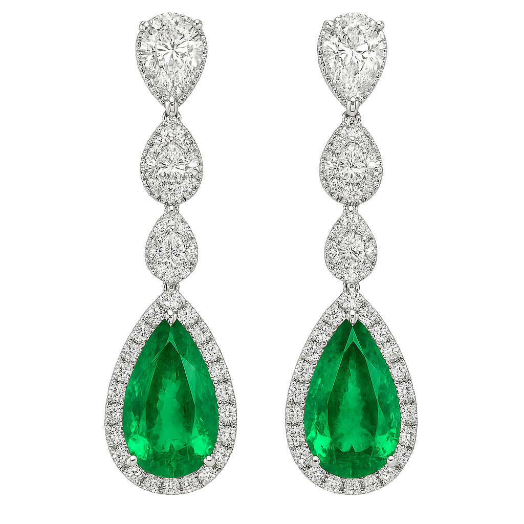 Handmade 18K White Gold Green Emerald Earrings, 8.85ct