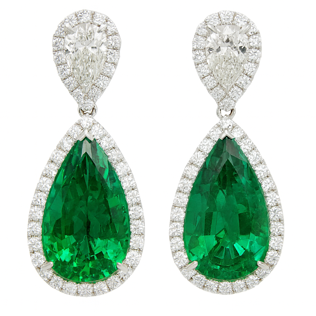 Handmade 18K White Gold Green Emerald Earrings, 7.41ct