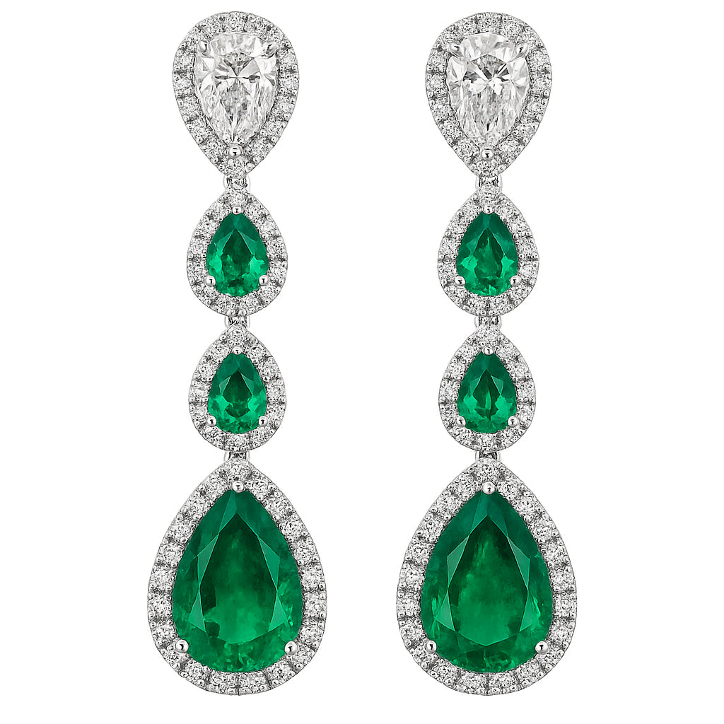 Handmade 18K White Gold Green Emerald Earrings, 6.88ct