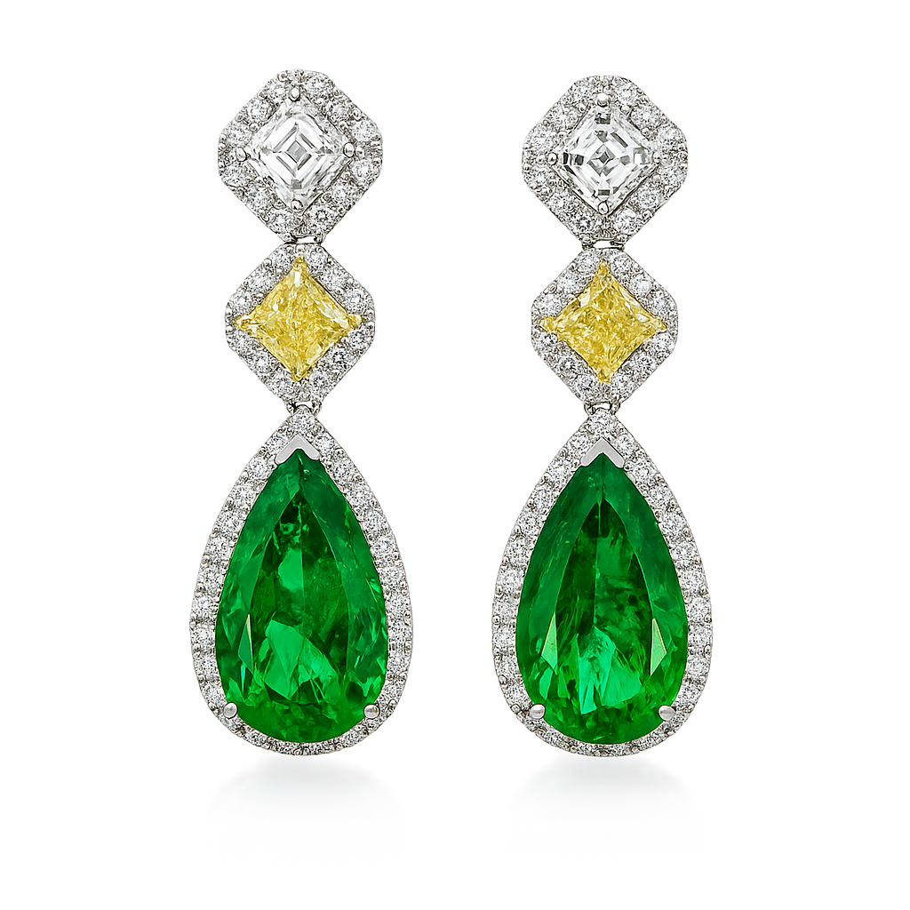 Handmade 18K Yellow Gold Green Emerald Earrings, 1.9ct