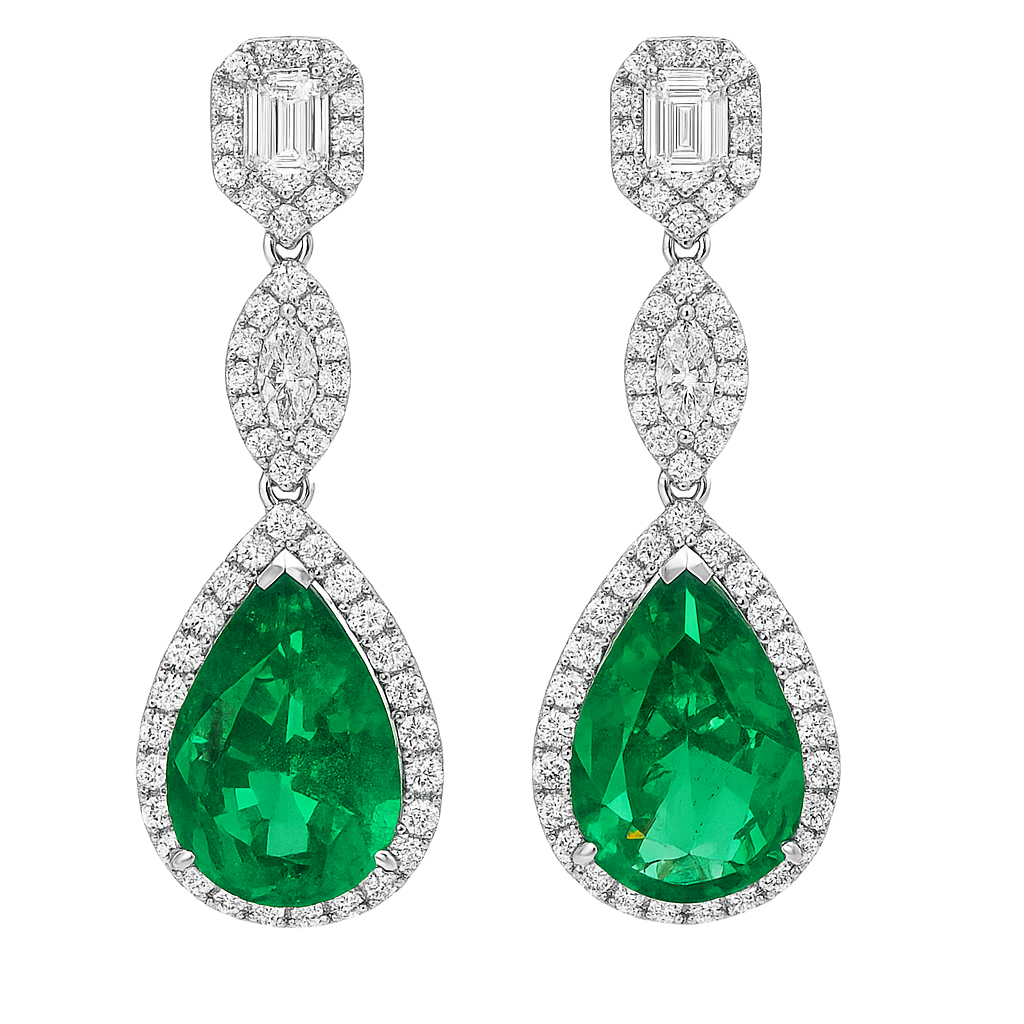 Handmade 18K White Gold Green Emerald Earrings, 9.93ct