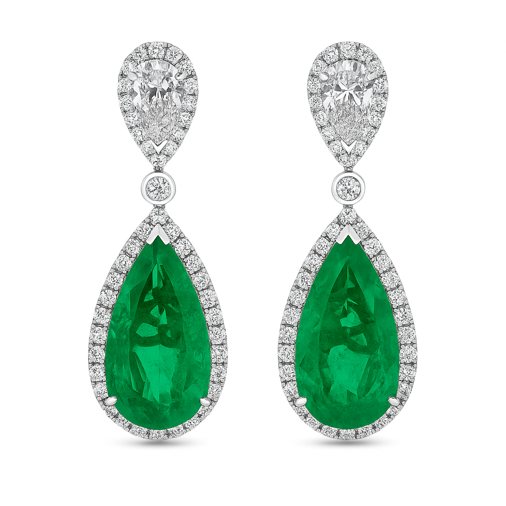 Handmade 18K White Gold Green Emerald Earrings, 10.5ct