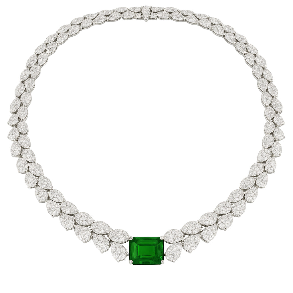 EN055379 - Necklace 18KW/65.1G 1EMER-10.72CT 56RD-5.18CT 2018RD-12.30CT