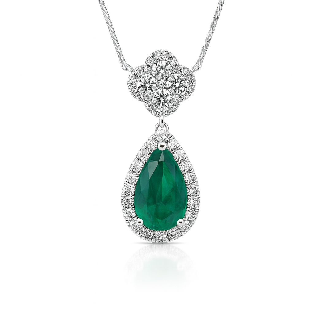 Handmade 18K White Gold Emerald Necklace with Diamonds, 1.75ct