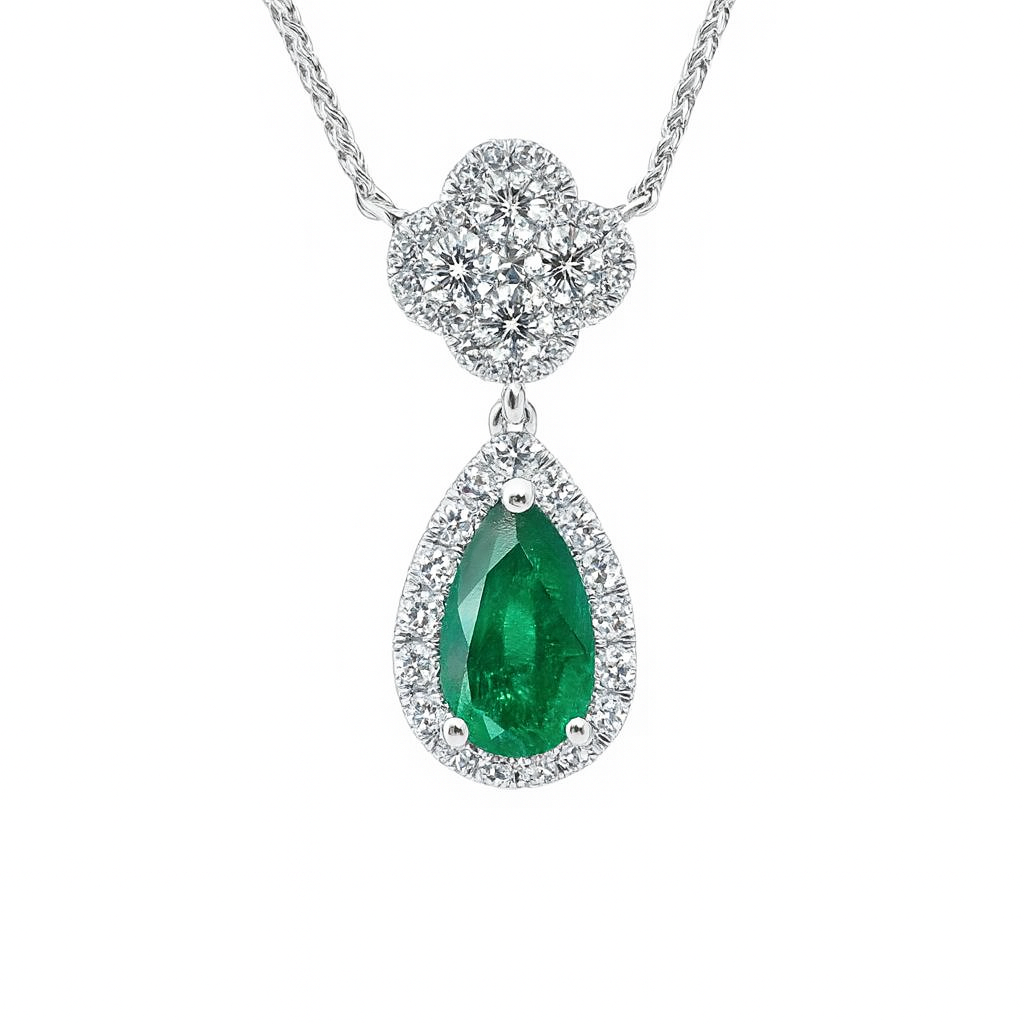 Handmade 18K White Gold Green Emerald Necklace, 1.36ct