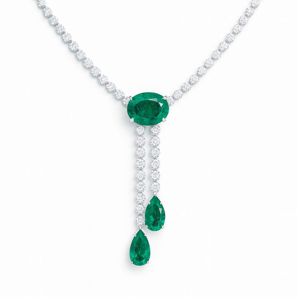 EN055838 - Necklace 18KW/31.9G 3EMER-10.55CT 123RD-12.74CT
