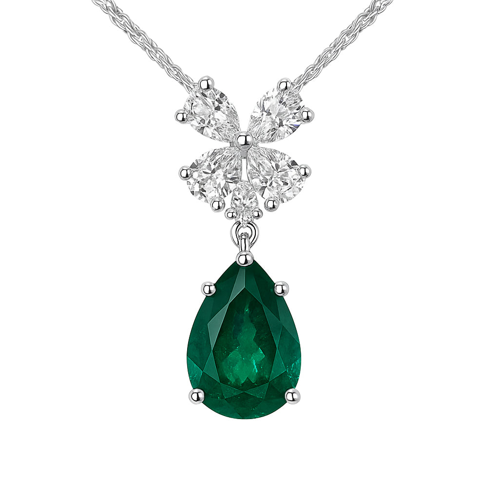 Handmade 18K White Gold Green Emerald Necklace, 3.44ct