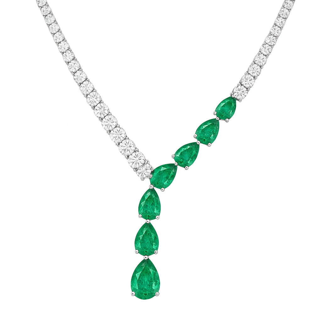 Handmade 18K White Gold Green Emerald Necklace, 12.23ct