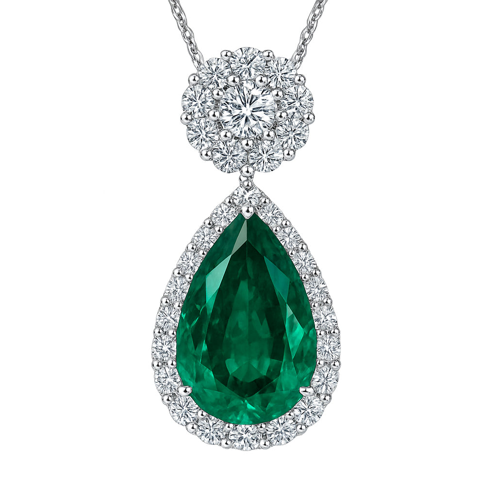 Handmade 18K White Gold Emerald and Diamond Pendant, 8.8ct