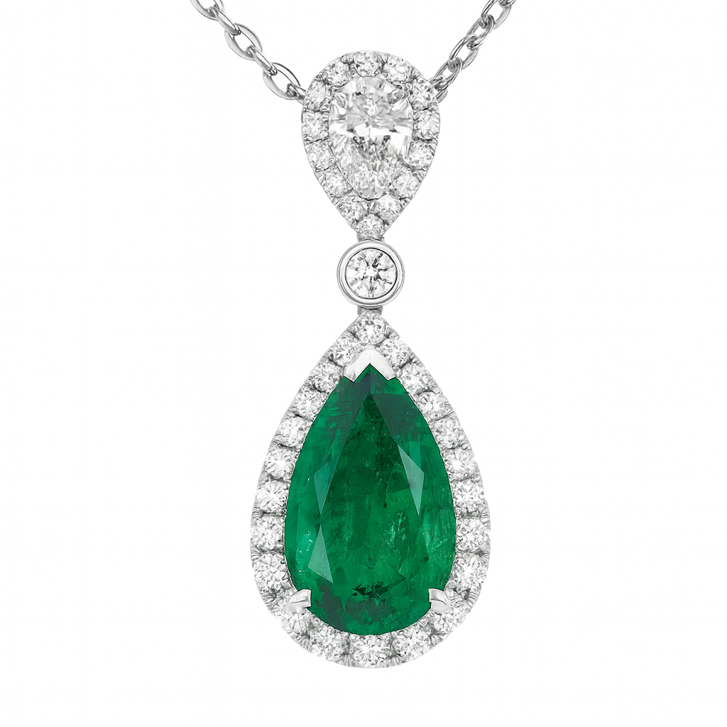 Handmade 18K White Gold Green Emerald Pendant, 3.1ct