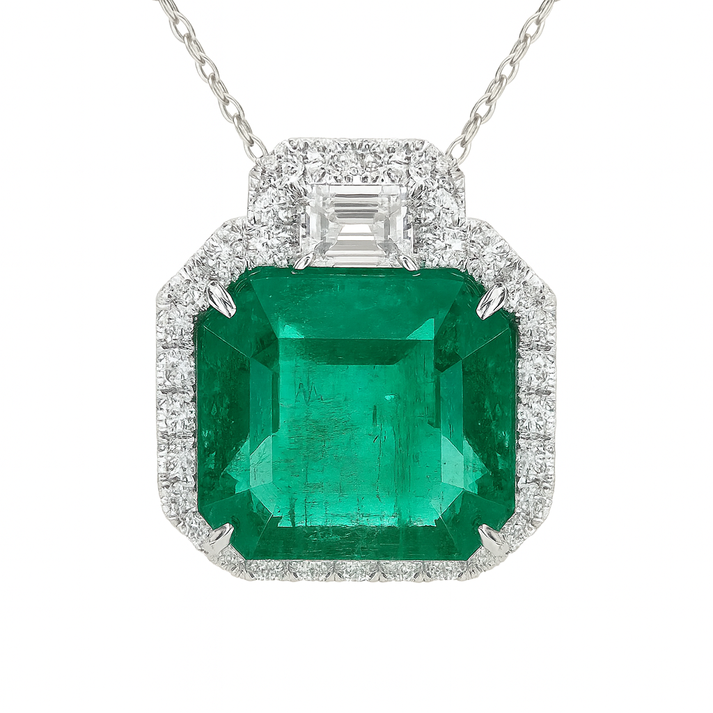 Handmade 18K White Gold Green Emerald Pendant, 16.46ct