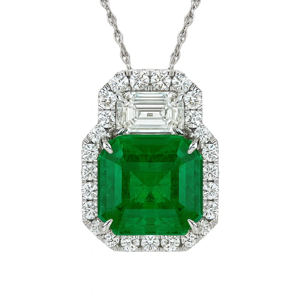 Handmade 18K White Gold Green Emerald Pendant, 5.28ct