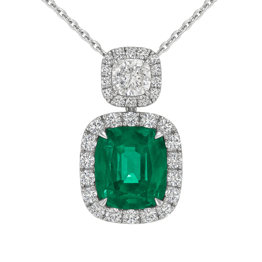 Handmade 18K White Gold Emerald Diamond Pendant, 4.76ct