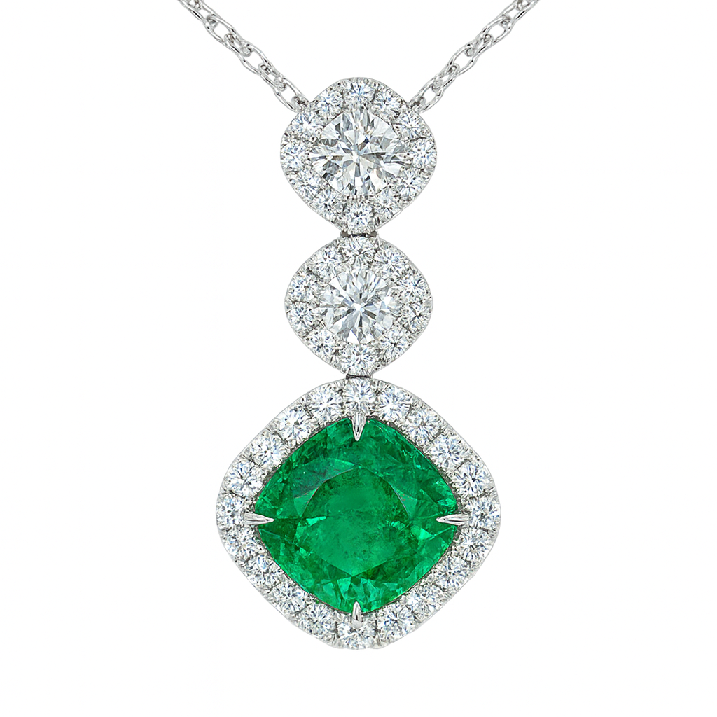 Handmade 18K White Gold Green Emerald Pendant, 3.8ct