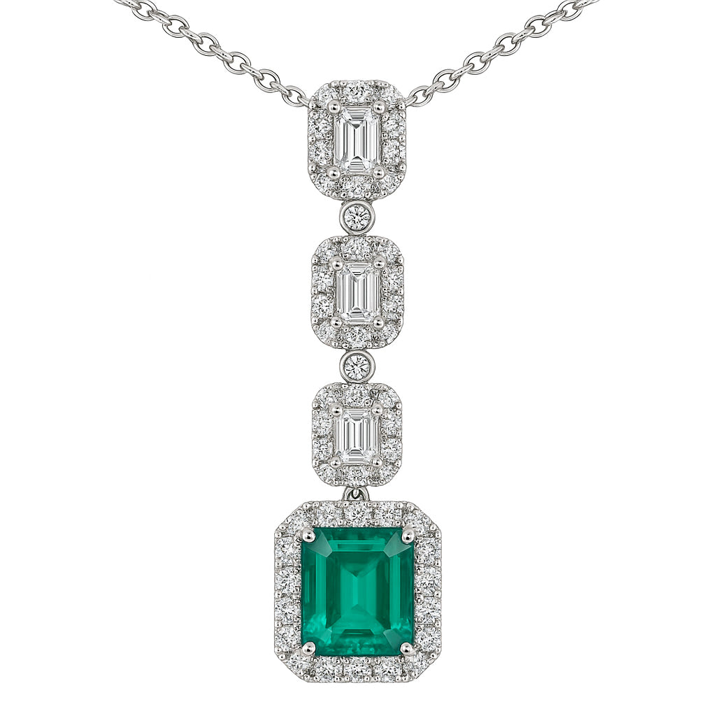 Handmade 18K White Gold Green Emerald Pendant, 3.33ct