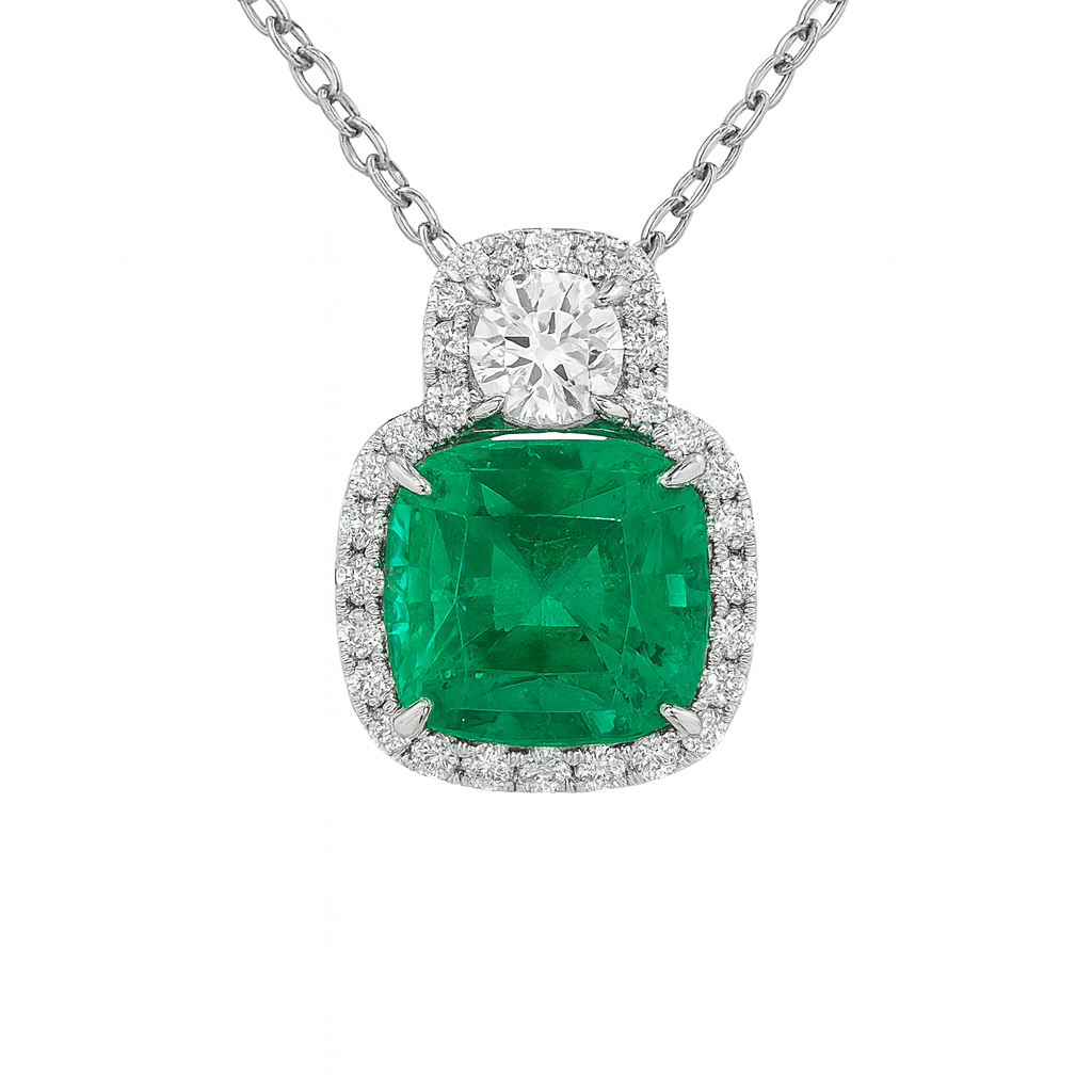Handmade 18K White Gold Green Emerald Pendant, 3.58ct