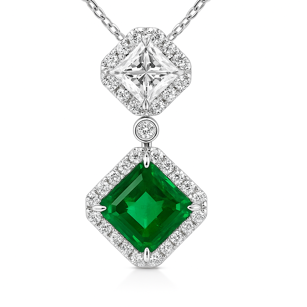 Handmade 18K White Gold Green Emerald Pendant, 1.93ct