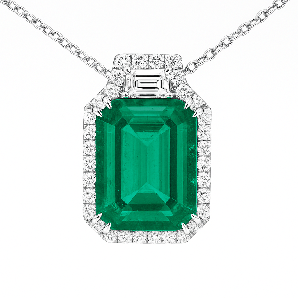 Handmade 18K White Gold Green Emerald Pendant, 6.06ct