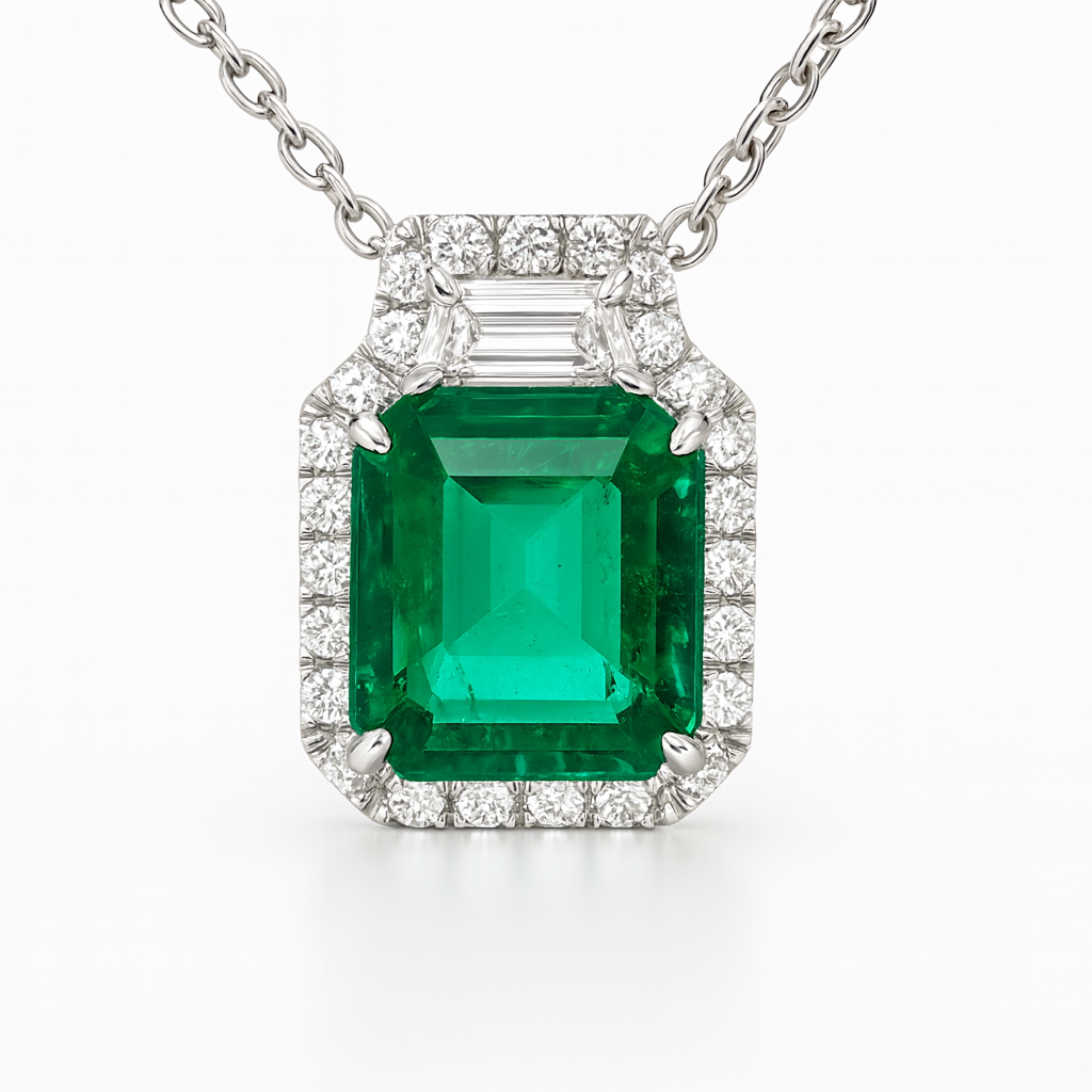 Handmade 18K White Gold Green Emerald Pendant, 2.54ct