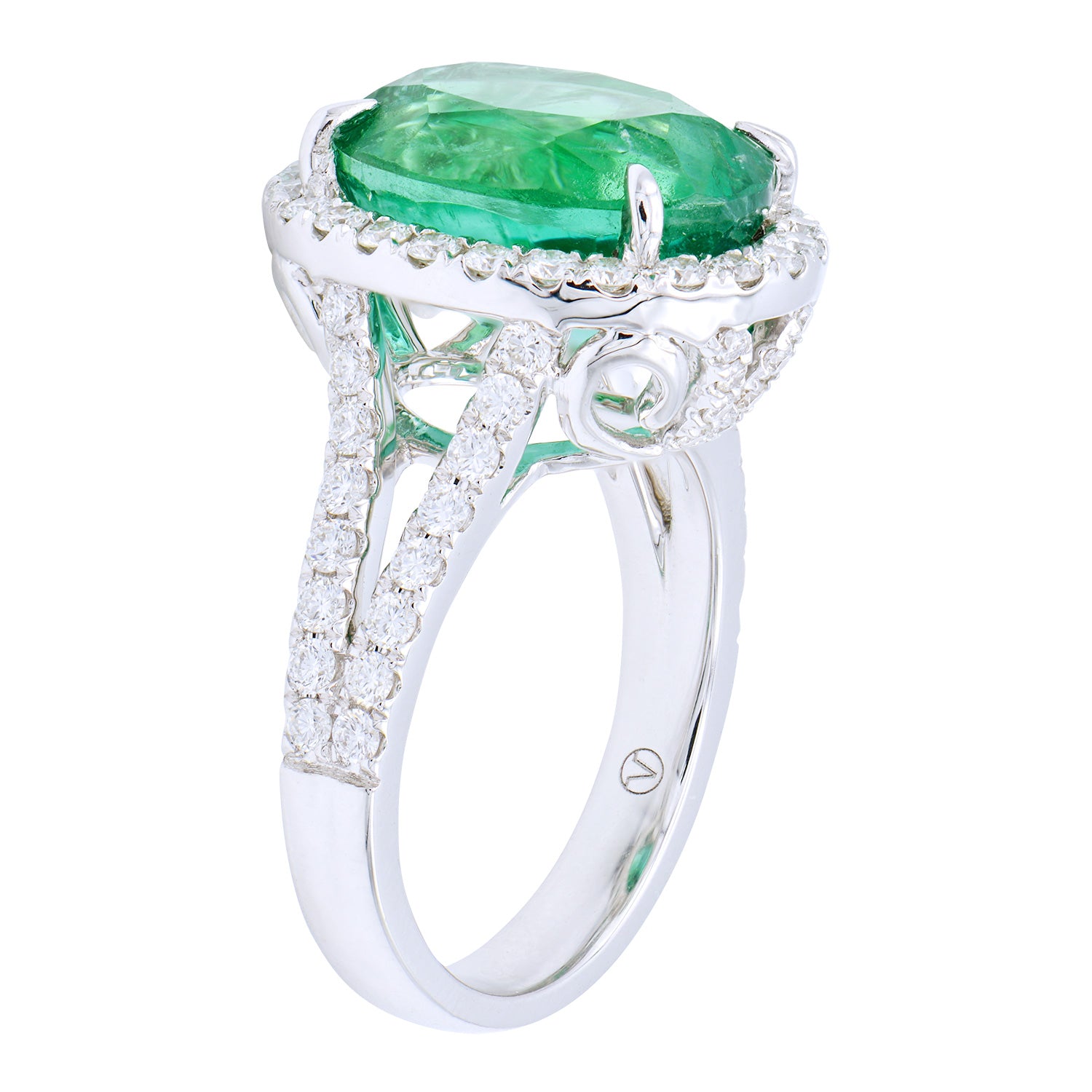 Handmade 18K White Gold Emerald Split Shank Ring, 6.75ct